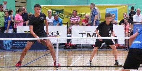 Pickleball players playing in a doubles match
